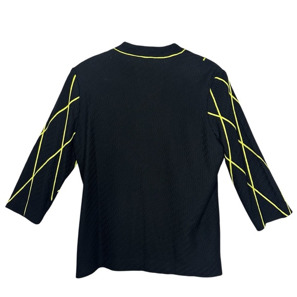 Misook XL Black Knit Cardigan Jacket Chartreuse Yellow Diamond 3/4 Sleeve Career - Picture 9 of 11